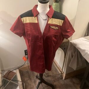 Vintage-Inspired Red Short Sleeve Work Shirt with Contrast Panels